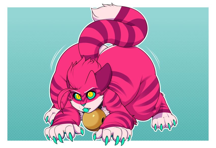 2021 alternate_species ambiguous_gender anthro barefoot bell bell_collar big_butt butt claws collar feet felid feline fur goo_creature green_tongue horn huge_butt mammal mr.pink pink_body pink_fur pwink solo striped_body striped_fur stripes tongue yellow_eyes