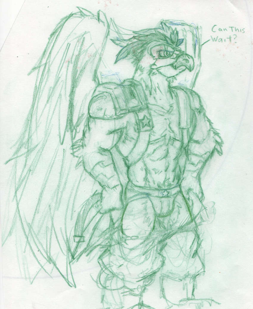 absurd_res accipitrid accipitriform army_uniform avian azul_(artist) battleborn beak benedict_(battleborn) bird bulge clothing dialogue feathered_wings feathers green_and_white hi_res jockstrap monochrome partial_nudity simple_background three-quarter_view underwear white_background winged_arms wings