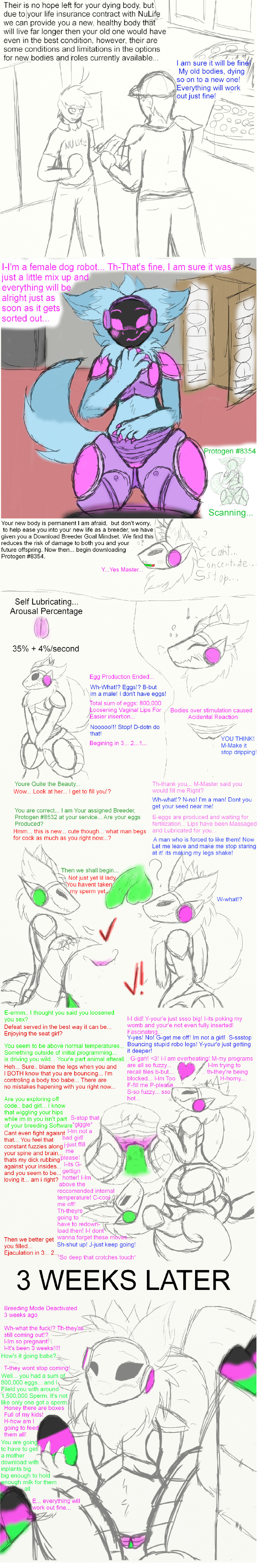 &lt;3 absurd_res allbadbadgers anthro birth bodily_fluids box comic conditional_dnp dialogue duo egg english_text female fur gender_transformation genital_fluids genitals hi_res human humanoid long_image machine male male/female male_to_female mammal mind_control nude oviposition penis profanity protogen pussy pussy_juice sex sketch tall_image text time_skip transformation