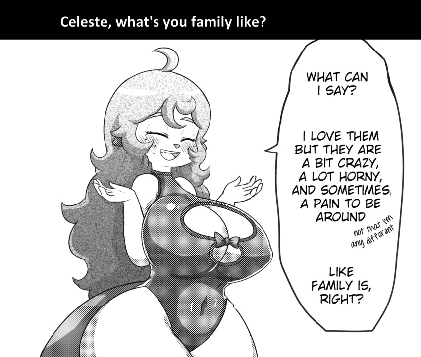 ahoge alyrise anthro anthrofied ask_blog big_breasts blush breasts celeste_(basketgardevoir) cleavage cleavage_cutout clothed clothing dialogue english_text eyes_closed female freckles glistening glistening_clothing hair huge_breasts long_hair mammal monochrome mustelid navel nintendo one-piece_swimsuit open_mouth open_smile oshawott pok&eacute;mon pok&eacute;mon_(species) pok&eacute;morph portrait screentone shrug smile solo speech_bubble swimwear text three-quarter_portrait tight_clothing video_games