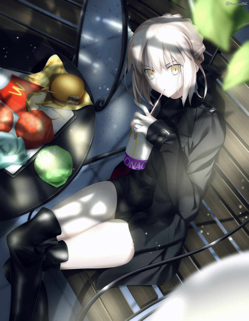 1girl absurdres artoria_pendragon_(all) bench black_bow black_coat black_footwear black_shirt black_shorts boots bow braid braided_bun coat crossed_legs dappled_sunlight drinking drinking_straw fate/stay_night fate_(series) foo_(pixiv54892036) food from_above hair_bow hamburger highres holding long_sleeves looking_at_viewer open_clothes open_coat saber_alter shirt short_hair short_shorts shorts silver_hair sitting solo sunlight thigh_boots thighhighs tied_hair