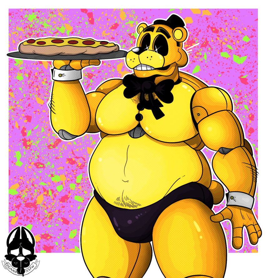 2021 abstract_background animatronic anthro arm_hair barazoku biceps big_bow_tie big_pecs black_nose black_sclera body_hair border bow_tie bulge clothed clothing dilated_pupils dogmanart five_nights_at_freddy's food glowing glowing_eyes golden_freddy_(fnaf) green_background hair half-closed_eyes hat headgear headwear hi_res holding_food holding_object machine male mammal manly mostly_nude multicolored_body musclegut muscular muscular_anthro muscular_male narrowed_eyes navel orange_background pecs pepperoni pepperoni_pizza pizza presenting_bulge purple_background raised_arm red_background robot round_ears scut_tail short_tail simple_background solo speedo standing stomach_hair swimwear teeth thick_thighs top_hat topless topless_anthro topless_male tray triceps two_tone_body ursid video_games white_border white_eyes yellow_body