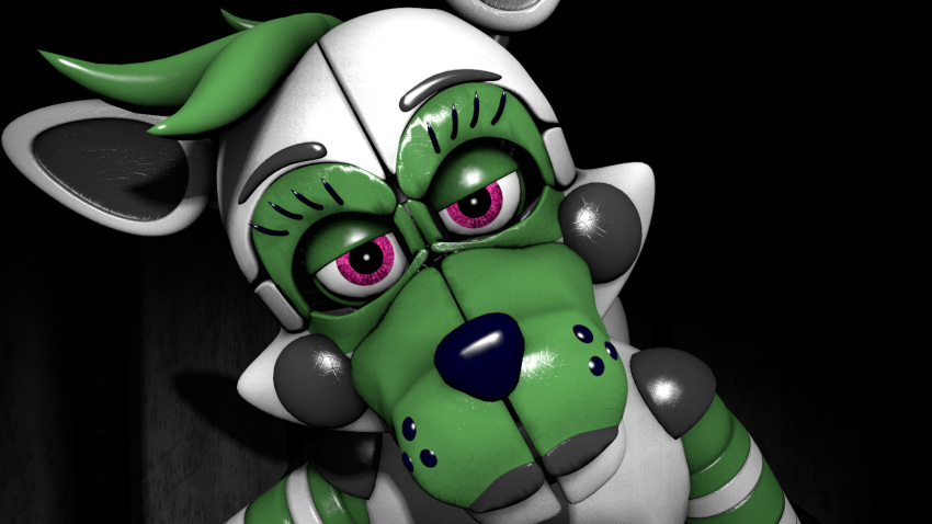 16:9 3d_(artwork) ambiguous_gender animatronic anthro canid canine digital_media_(artwork) dinkydoo fan_character five_nights_at_freddy's fox green_body green_hair hair hi_res machine mammal pink_eyes robot solo source_filmmaker video_games white_body widescreen