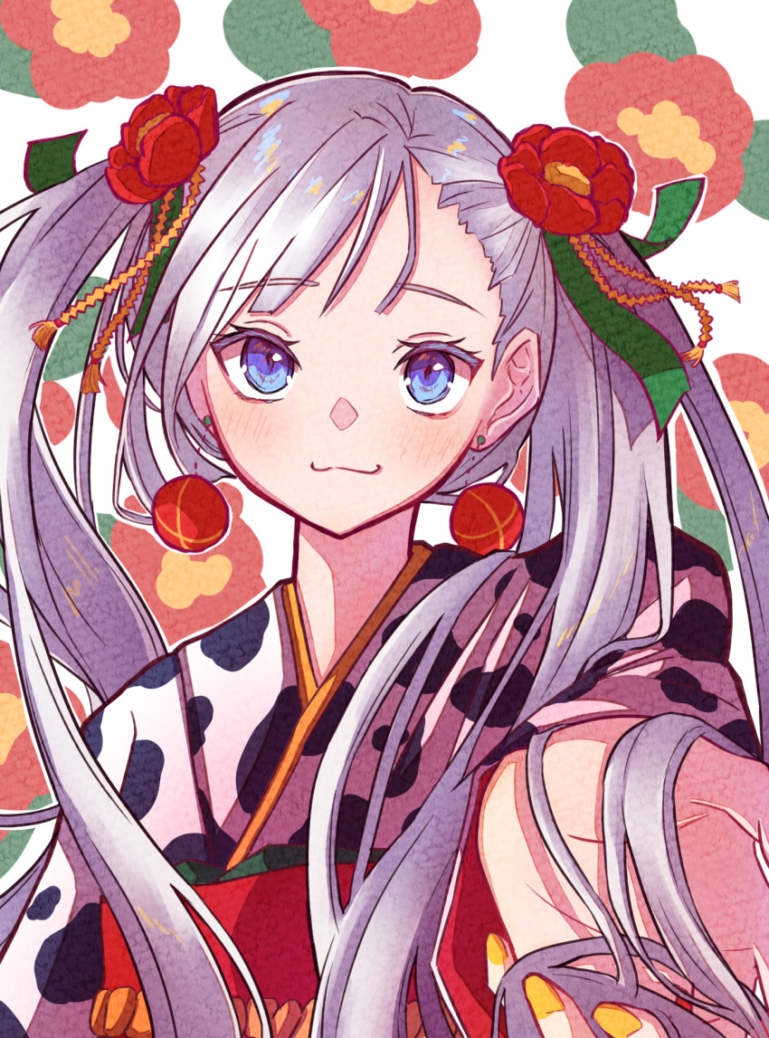 1girl :3 bangs blue_eyes camellia closed_mouth diagonal_bangs earrings eyebrows_visible_through_hair ezaki_hiyori flower hair_flower hair_ornament highres holding holding_hair japanese_clothes jewelry kimono long_hair looking_at_viewer nail_polish nengajou new_year obi original outstretched_hand pom_pom_(clothes) pom_pom_earrings red_flower sash smile solo twintails upper_body yellow_nails