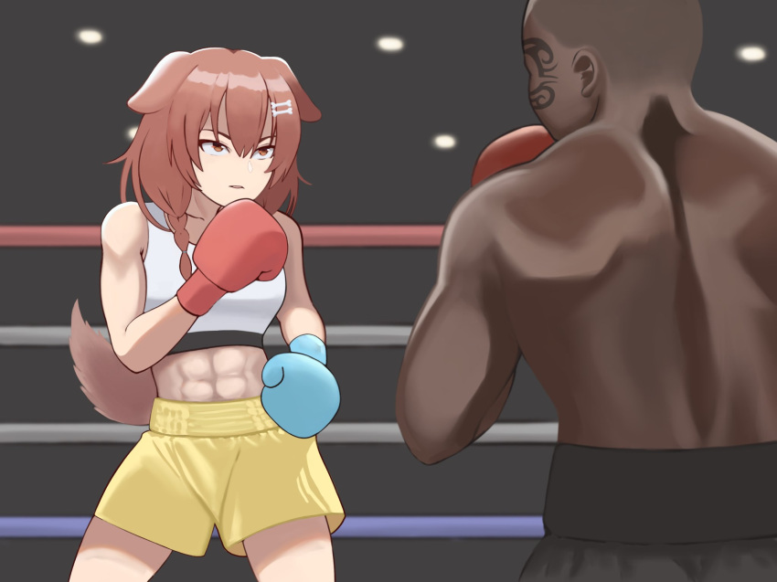 abs animal_humanoid athletic athletic_female athletic_humanoid blue_gloves bottomwear boxing boxing_gloves boxing_shorts bra breasts canid canid_humanoid canine canine_humanoid clothing daru_(artist) dog_humanoid duo female fight fighting_pose fighting_ring fur gloves hair handwear hi_res hololive human humanoid korone_inugami looking_at_another mammal mammal_humanoid midriff mike_tyson pose red_gloves shaved_head sport sports_bra topwear underwear yellow_bottomwear yellow_clothing