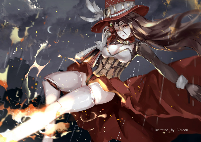 1girl armor artist_name asymmetrical_gloves black_gloves breasts brown_hair cleavage cloud cloudy_sky corset gloves hand_up hat hat_feather highres large_breasts long_hair long_skirt looking_at_viewer moon night night_sky one_eye_closed rain red_headwear red_skirt skirt sky skyline smile solo thighhighs tower_of_saviors vardan white_gloves yellow_eyes