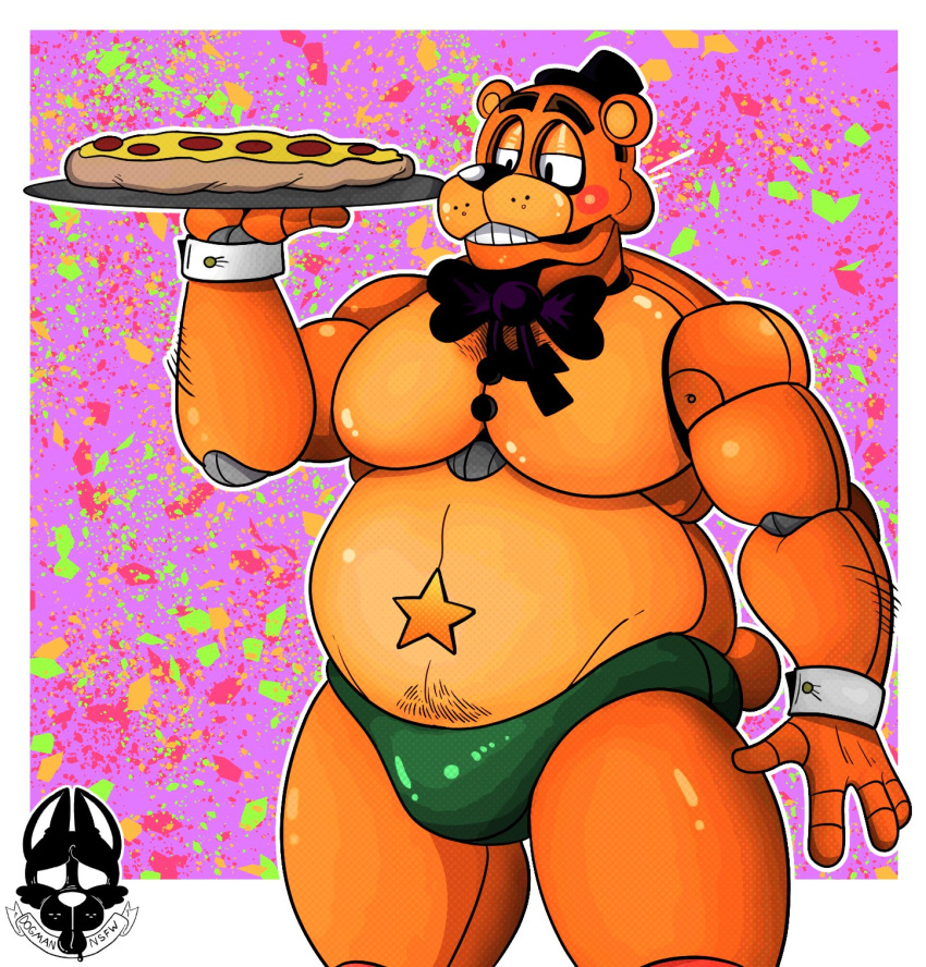 2021 abstract_background animatronic anthro arm_hair barazoku biceps big_bow_tie big_pecs black_eyes black_nose body_hair border bow_tie bulge clothed clothing dogmanart five_nights_at_freddy's food freddy_fazbear's_pizzeria_simulator green_background hair half-closed_eyes hat headgear headwear hi_res holding_food holding_object machine male mammal manly mostly_nude multicolored_body musclegut muscular muscular_anthro muscular_male narrowed_eyes navel orange_background orange_body pecs pepperoni pepperoni_pizza pizza presenting_bulge purple_background raised_arm red_background robot rockstar_freddy_(fnaf) rosy_cheeks round_ears scut_tail short_tail simple_background solo speedo standing star stomach_hair swimwear teeth thick_thighs top_hat topless topless_anthro topless_male tray triceps two_tone_body ursid video_games white_border