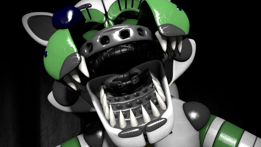 16:9 3d_(artwork) ambiguous_gender animatronic canid canine digital_media_(artwork) dinkydoo faceplate fan_character five_nights_at_freddy's fox glistening glistening_body green_body hi_res hungry machine mammal mouth_shot open_mouth robot source_filmmaker teeth video_games vore white_body widescreen