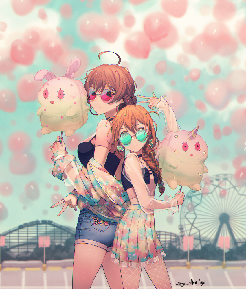 2girls ahoge aqua_eyes baba_konomi back-to-back balloon blurry braid brown_hair bye chupacabra_(idolmaster) cotton_candy cowboy_shot depth_of_field dress earrings ferris_wheel fishnet_legwear fishnets green_eyes hair_ornament heart highres holding hoop_earrings idolmaster idolmaster_million_live! idolmaster_million_live!_theater_days jewelry light_brown_hair long_hair long_sleeves looking_at_viewer multiple_girls nail_polish outdoors parking_lot pleated_skirt roller_coaster sakuramori_kaori short_hair short_shorts shorts silhouette skirt sky smile star_(symbol) sunglasses tinted_eyewear v w