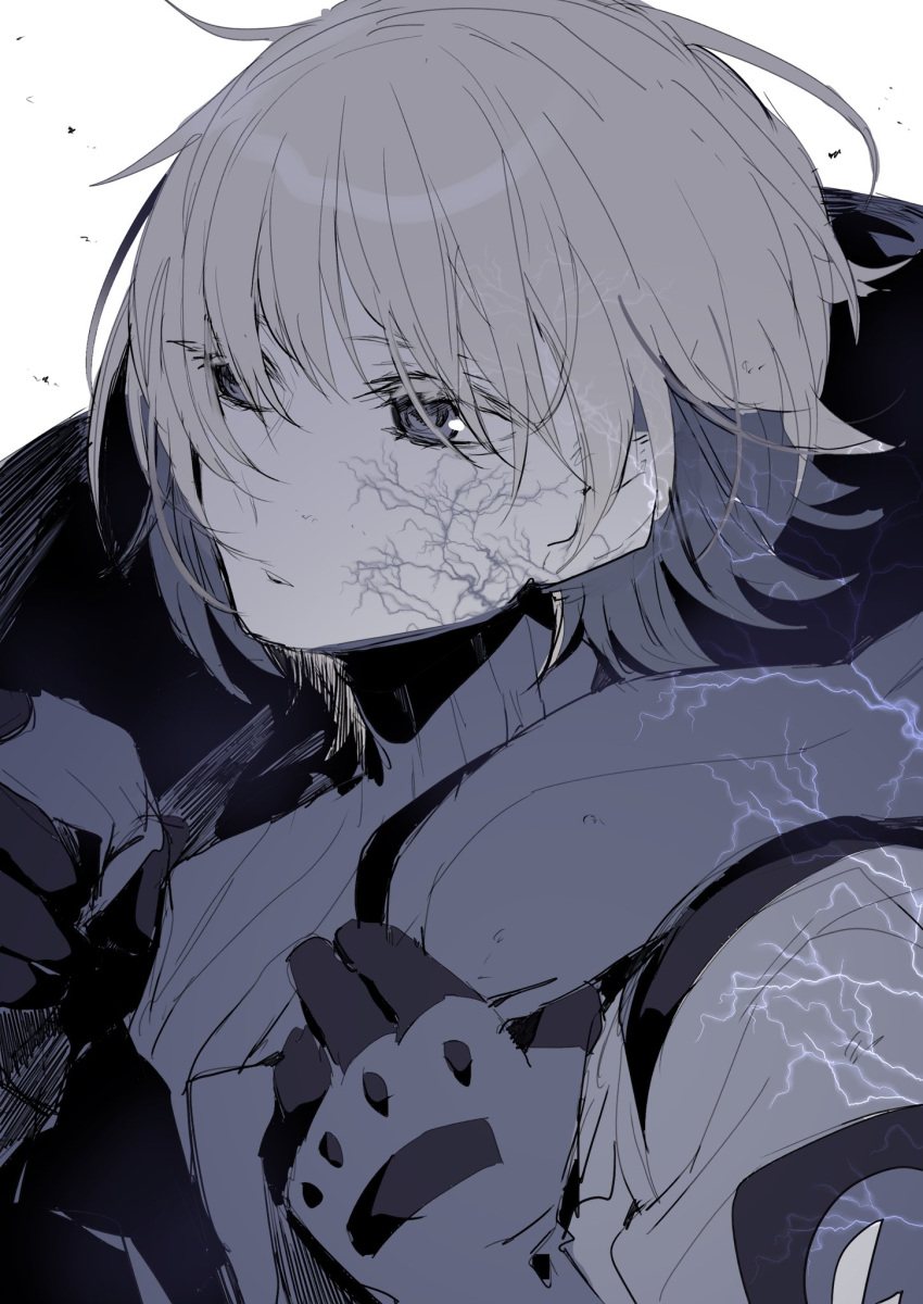 1girl apex_legends bangs gloves highres holding holding_clothes holding_jacket jacket lichtenberg_figure looking_up mashiro_(rikuya) monochrome ribbed_sweater scar scar_on_cheek scar_on_face short_hair sketch solo sweater upper_body wattson_(apex_legends) white_background