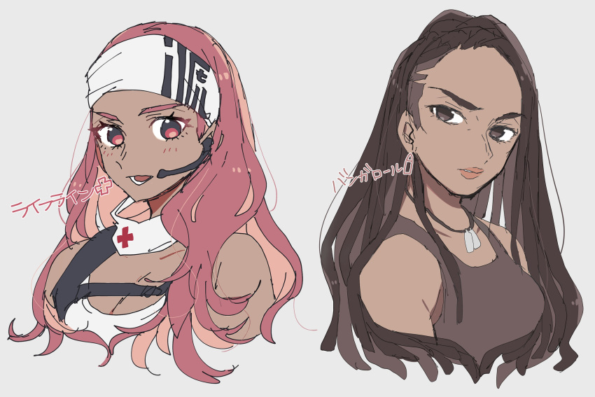 2girls alternate_hair_length alternate_hairstyle apex_legends bangalore_(apex_legends) breast_strap brown_eyes brown_hair brown_tank_top character_name collarbone cropped_torso dark_skin dark_skinned_female dog_tags grey_background hair_behind_ear hairlocs headband highres lifeline_(apex_legends) long_hair mashiro_(rikuya) multiple_girls open_mouth pink_eyes pink_hair sidecut tank_top translated upper_body white_headband white_tank_top