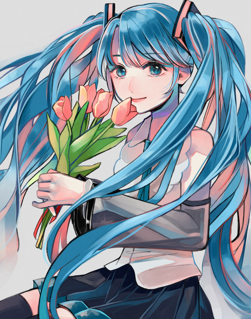 1girl absurdres black_legwear black_skirt blue_eyes blue_hair blue_ribbon bouquet detached_sleeves flower hatsune_miku highres holding holding_bouquet huge_filesize long_hair looking_at_viewer multicolored_hair necktie pink_hair ribbon richard_(ri39p) simple_background skirt solo streaked_hair thighhighs twintails two-tone_hair very_long_hair vocaloid