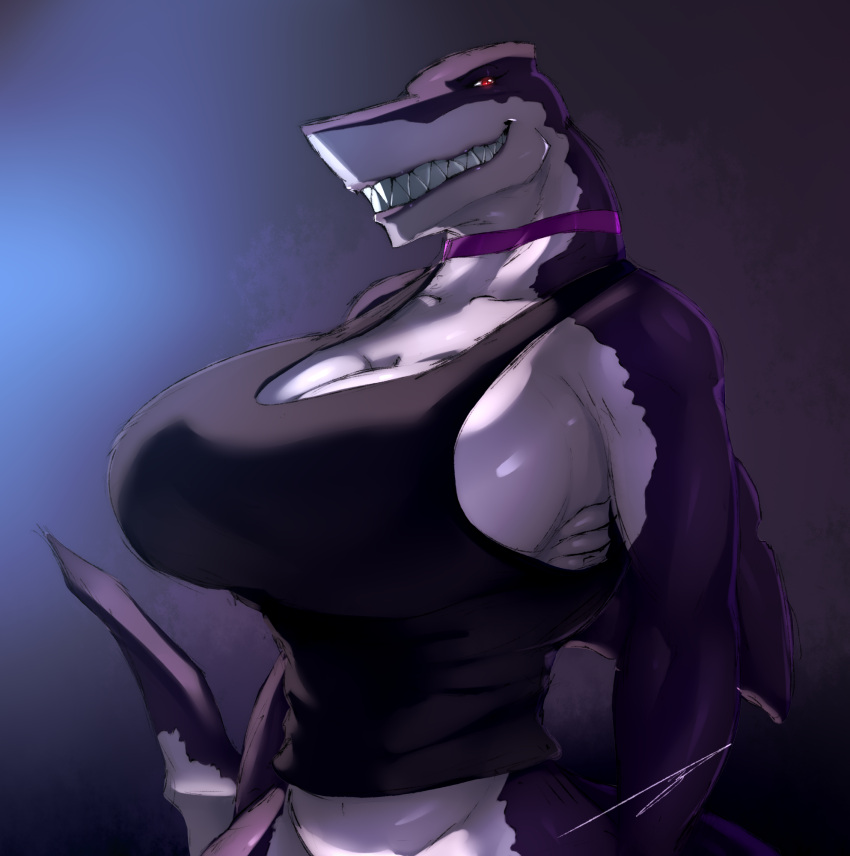 2021 anthro big_breasts breasts choker cleavage clothed clothing countershading female fin fish great_white_shark half-length_portrait hb-viper hi_res huge_breasts jewelry lamnid lamniform lavender_skin looking_at_viewer lusitania marine muscular muscular_anthro muscular_female necklace non-mammal_breasts portrait red_eyes shark shirt signature simple_background smiling_at_viewer solo tank_top teeth topwear