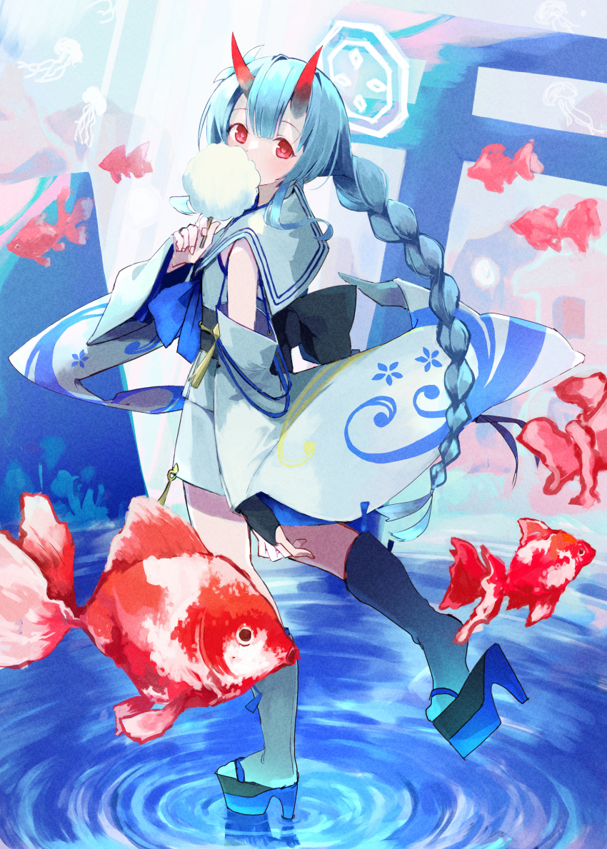 absurdres blue_archive blue_hair chise_(blue_archive) commentary_request cotton_candy detached_sleeves fingerless_gloves fish full_body gloves hair_between_eyes halo highres horns japanese_clothes long_hair long_sleeves looking_at_viewer oni_horns red_eyes shoes tokorinowa torii
