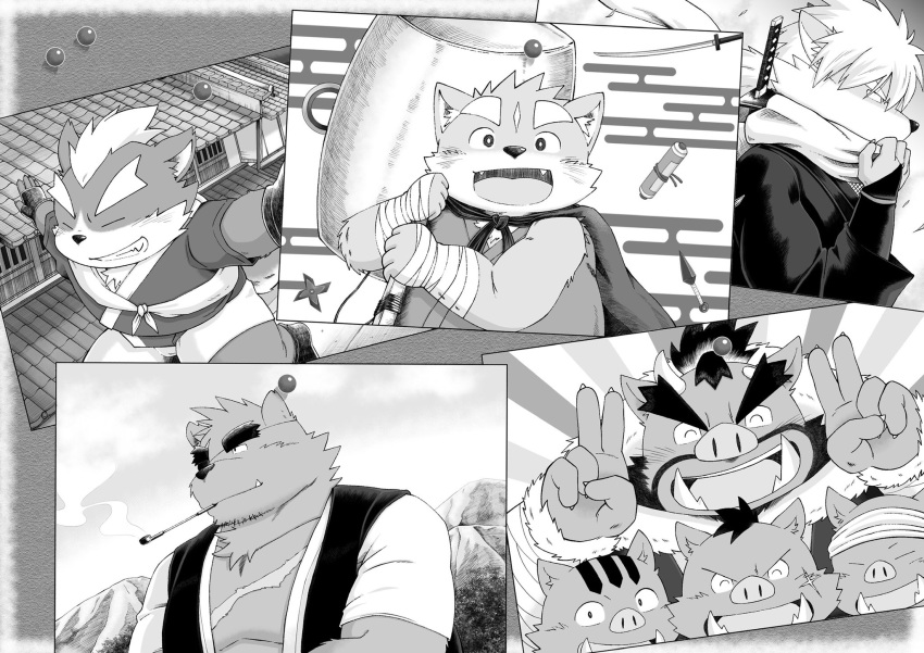 2021 anthro canid canine canis domestic_dog eyes_closed gouki_(the_spicy_ninja_scrolls) group hi_res homohomofever humanoid_hands kemono male mammal monochrome oroshi_(the_spicy_ninja_scrolls) overweight overweight_male shichimi_(the_spicy_ninja_scrolls) smoking suid suina sus_(pig) the_spicy_ninja_scrolls tonza_(the_spicy_ninja_scrolls) ursid wasabi_(the_spicy_ninja_scrolls) weapon wild_boar wolf young