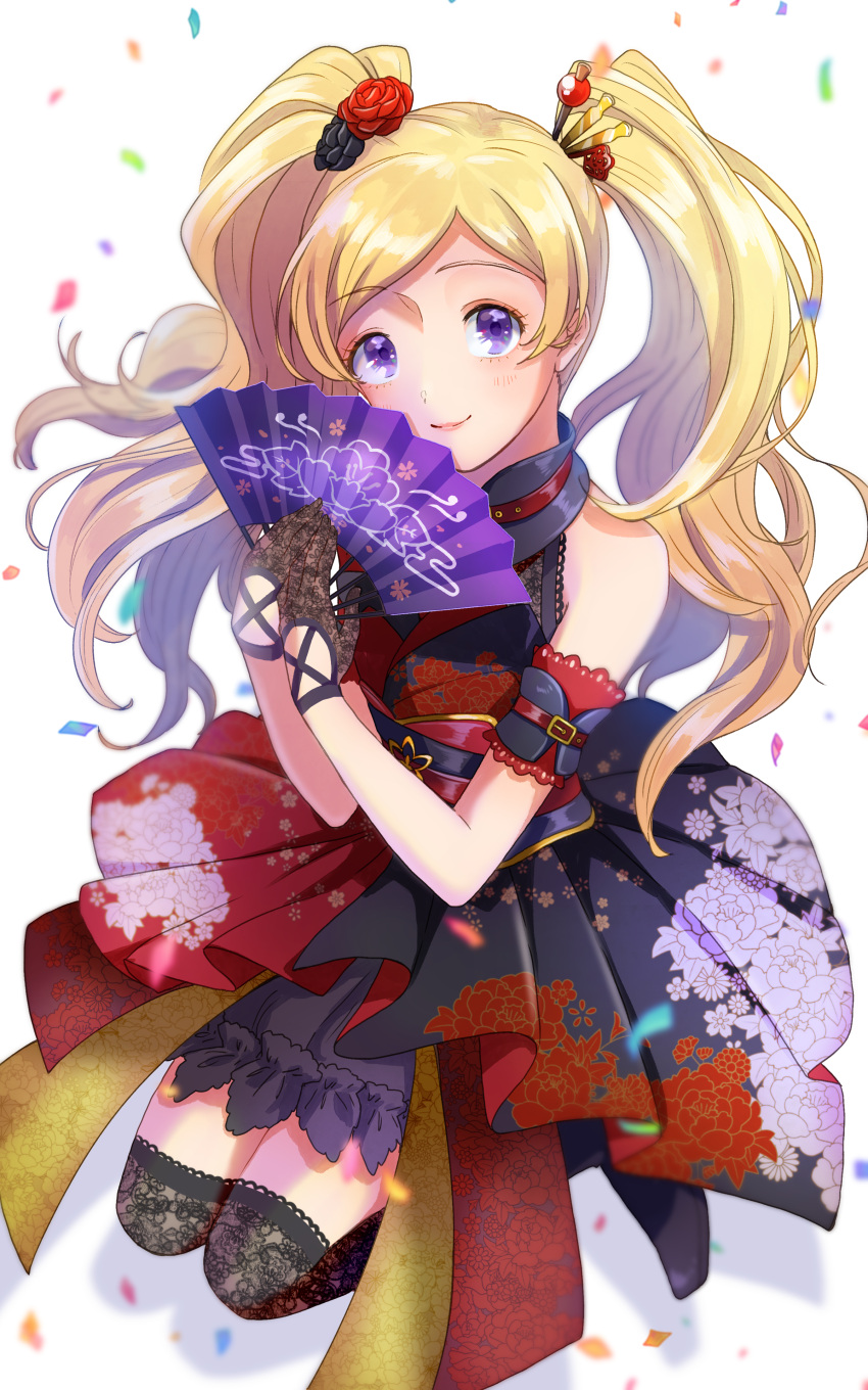 1girl absurdres bare_shoulders black_gloves black_legwear blonde_hair blurry closed_mouth commentary_request confetti depth_of_field emily_stewart eyebrows_visible_through_hair fan floral_print flower folding_fan gloves hair_flower hair_ornament highres idolmaster idolmaster_million_live! idolmaster_million_live!_theater_days japanese_clothes lace-trimmed_legwear lace_trim long_hair looking_at_viewer purple_eyes shadow simple_background smile solo thighhighs twintails white_background witoi_(roa)