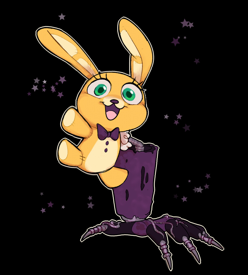 2021 :d ambiguous_gender anthro big_ears big_eyes big_hand black_background bow_tie endoskeleton exposed_endoskeleton eyelashes five_nights_at_freddy's five_nights_at_freddy's:_security_breach five_nights_at_freddy's_4 green_eyes happy hi_res humor lagomorph leporid long_ears looking_at_viewer mammal multicolored_body open_mouth plush_spring_bonnie_(fnaf) plushie purple_nose rabbit raised_arm raised_leg robot_arm robotic_hand simple_background smile solo spread_legs spreading spring_bonnie_(fnaf) star stuffing tongue toy two_tone_body video_games waackery yellow_body