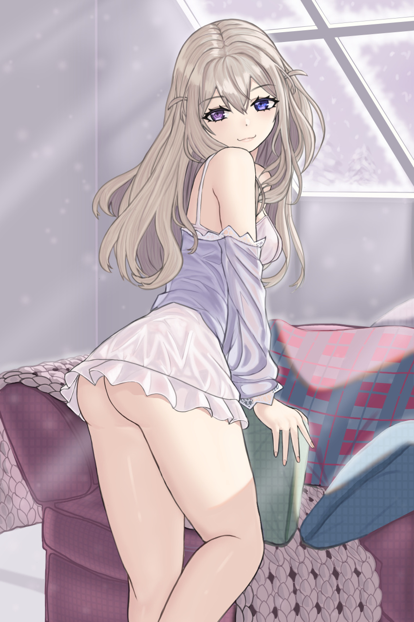 1girl absurdres azur_lane bare_shoulders blue_eyes breasts chair craiven frosted_glass grey_hair hair_between_eyes heterochromia highres indoors long_hair looking_at_viewer looking_back medium_breasts murmansk_(azur_lane) murmansk_(sceneries_of_pure_snow)_(azur_lane) pillow purple_eyes solo white_nightgown window