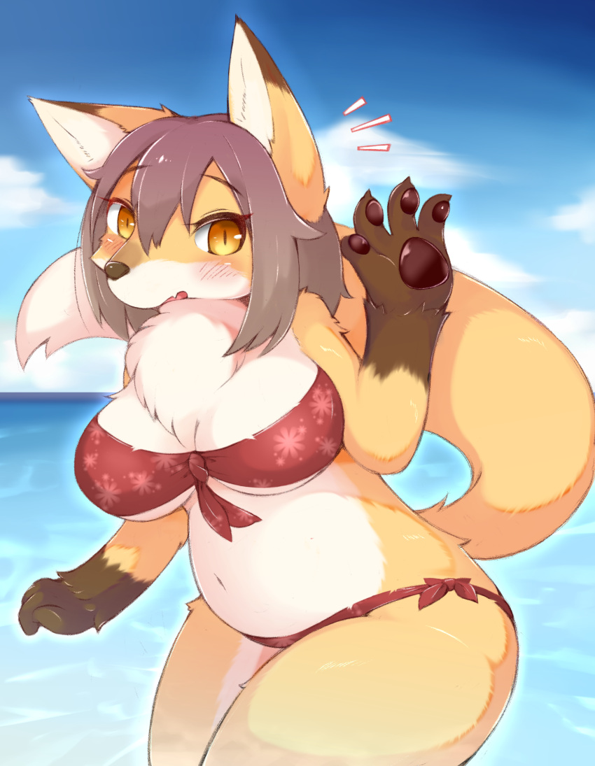 2021 4_fingers anthro big_breasts bikini blush breasts brown_body brown_fur brown_hair brown_nose canid canine chest_tuft claws clothed clothing cloud cute_fangs day dipstick_ears dipstick_tail emanata female fingers fluffy fox fur gesture gloves_(marking) hair hi_res kemono looking_at_viewer mammal markings multicolored_body multicolored_ears multicolored_fur multicolored_tail navel open_mouth outside pawpads portrait pupils sea shitsu_kushi-mono short_hair sky slit_pupils solo swimwear three-quarter_portrait tuft water waving white_body white_fur yellow_body yellow_eyes yellow_fur