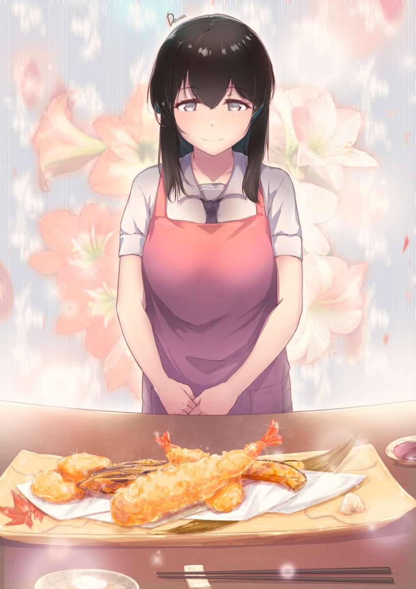 1girl apron bangs black_hair bowl chopsticks closed_mouth collarbone commentary_request cooking dermar eyebrows_visible_through_hair floral_background flower food fried_fish grey_eyes hair_between_eyes hands_together highres looking_at_viewer original pink_apron plate school_uniform shirt short_sleeves shrimp shrimp_tempura signature smile solo standing table tempura uniform white_shirt