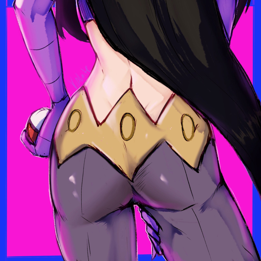 1girl ass black_hair commentary crop_top english_commentary from_behind frontier_brain gloves grey_pants hand_on_own_thigh highres holding holding_poke_ball long_hair lucy_(pokemon) pants poke_ball pokemon pokemon_(game) pokemon_emerald pokemon_rse purple_gloves signature solo vialnite