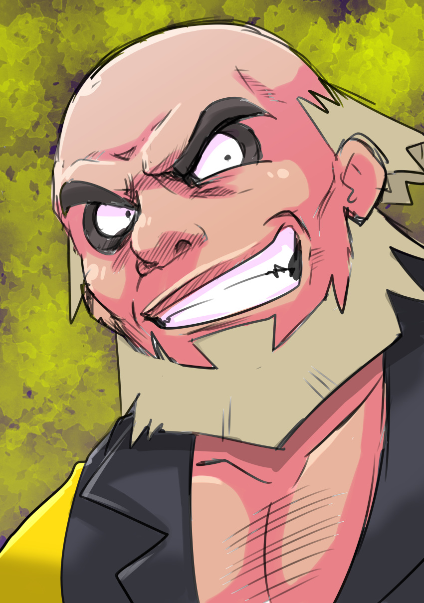 1boy absurdres balding beard blonde_hair chest_hair chouku_tetsushitsuiwa clenched_teeth collarbone commentary_request facial_hair highres male_focus pokemon pokemon_(anime) pokemon_sm_(anime) shirt sideways_glance sketch smile solo teeth upper_body viren_(pokemon)