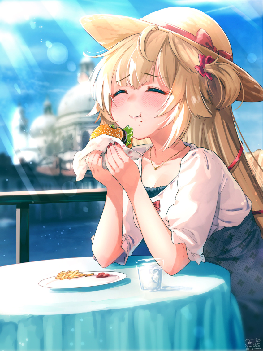 1girl akai_haato argyle_skirt bangs blonde_hair blue_skirt blush breasts closed_eyes collarbone commentary_request cup day eating english_commentary eyebrows_visible_through_hair fingernails food food_on_face french_fries hair_ribbon hamburger hands_up hat hat_ribbon high-waist_skirt highres holding holding_food hololive jewelry long_hair magowasabi medium_breasts nail_polish necklace one_side_up outdoors plate ponytail red_nails ribbon shirt short_sleeves signature skirt sky smile solo sun_hat table tablecloth twitter_username virtual_youtuber white_shirt yellow_headwear