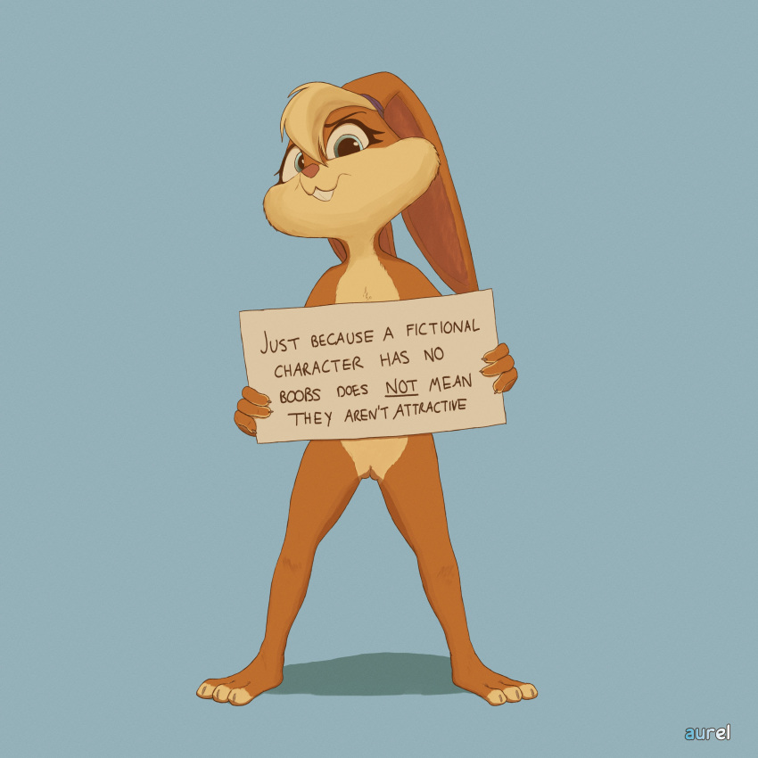 2021 absurd_res anthro aureldrawsstuff blonde_hair buckteeth covering covering_self ears_down english_text female frown full-length_portrait genitals hair hi_res holding_object holding_sign lagomorph leporid lola_bunny looking_at_viewer looney_tunes mammal pivoted_ears portrait pussy rabbit sign solo teeth text warner_brothers