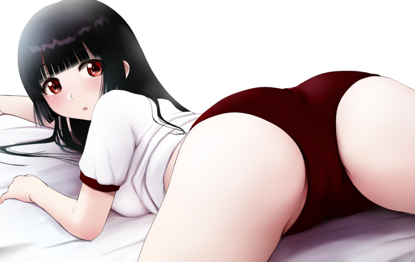 ass black_hair bloomers cameltoe enma_ai gym_uniform jigoku_shoujo kozue_akari long_hair red_eyes spread_legs waifu2x