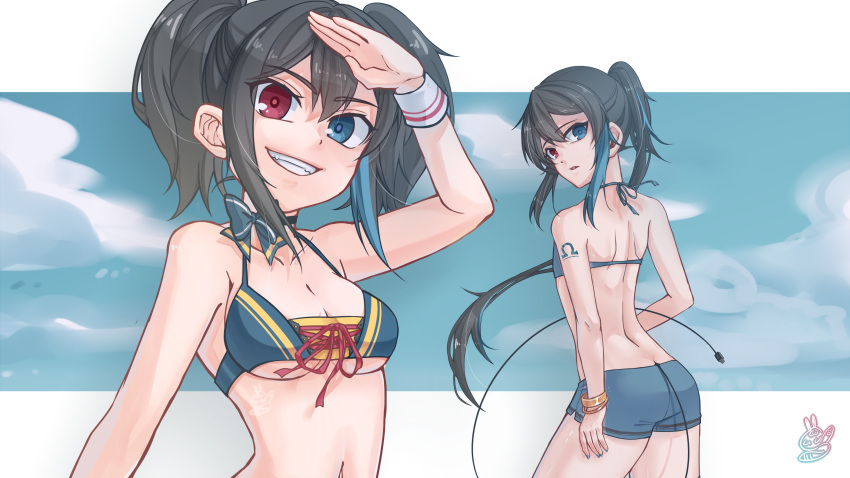 1girl absurdres bangs bird black_hair blue_eyes blue_hair blue_swimsuit breasts cleavage death100022 heterochromia highres medium_breasts midriff midriff_peek multicolored_hair multiple_views ocean ponytail red_eyes salute seagull swimsuit swimwear tail twintails two_side_up underboob utau wrist_cuffs yokune_ruko