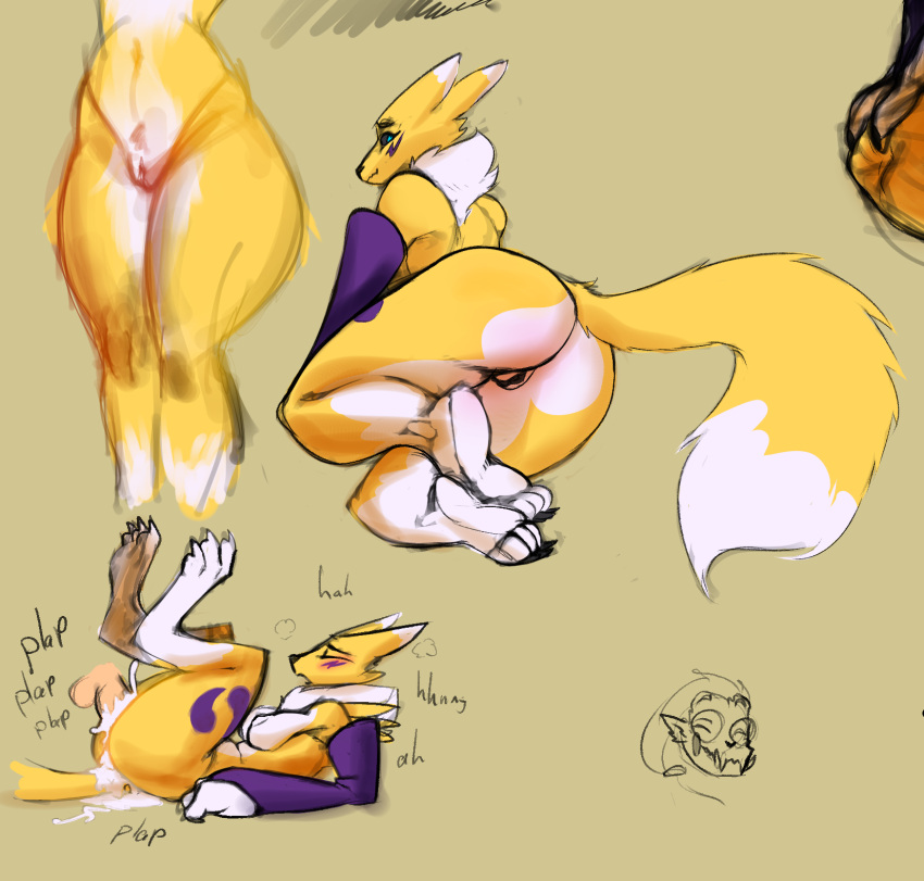 artblush bent_over bodily_fluids breasts butt canid canine cum cum_in_pussy cum_inside cum_leaking digimon digimon_(species) female fox fur genital_fluids hi_res lying mammal muscular on_back presenting presenting_hindquarters renamon thick_thighs wide_hips yellow_body yellow_fur