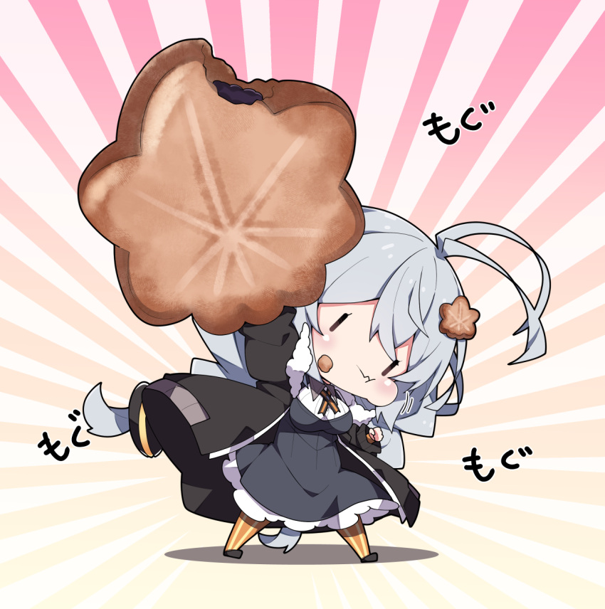 1girl :t antenna_hair arm_up black_dress black_jacket blush braid breasts chibi closed_mouth collared_shirt commentary dress food food_on_face full_body fur-trimmed_jacket fur_trim grey_hair hair_between_eyes highres holding holding_food jacket kizuna_akari large_breasts long_hair long_sleeves milkpanda mini_person minigirl open_clothes open_jacket orange_pantyhose pantyhose puffy_cheeks puffy_long_sleeves puffy_sleeves shirt solo standing striped_clothes striped_pantyhose sunburst sunburst_background translated twin_braids vertical-striped_clothes vertical-striped_pantyhose very_long_hair voiceroid wavy_mouth white_shirt |_|