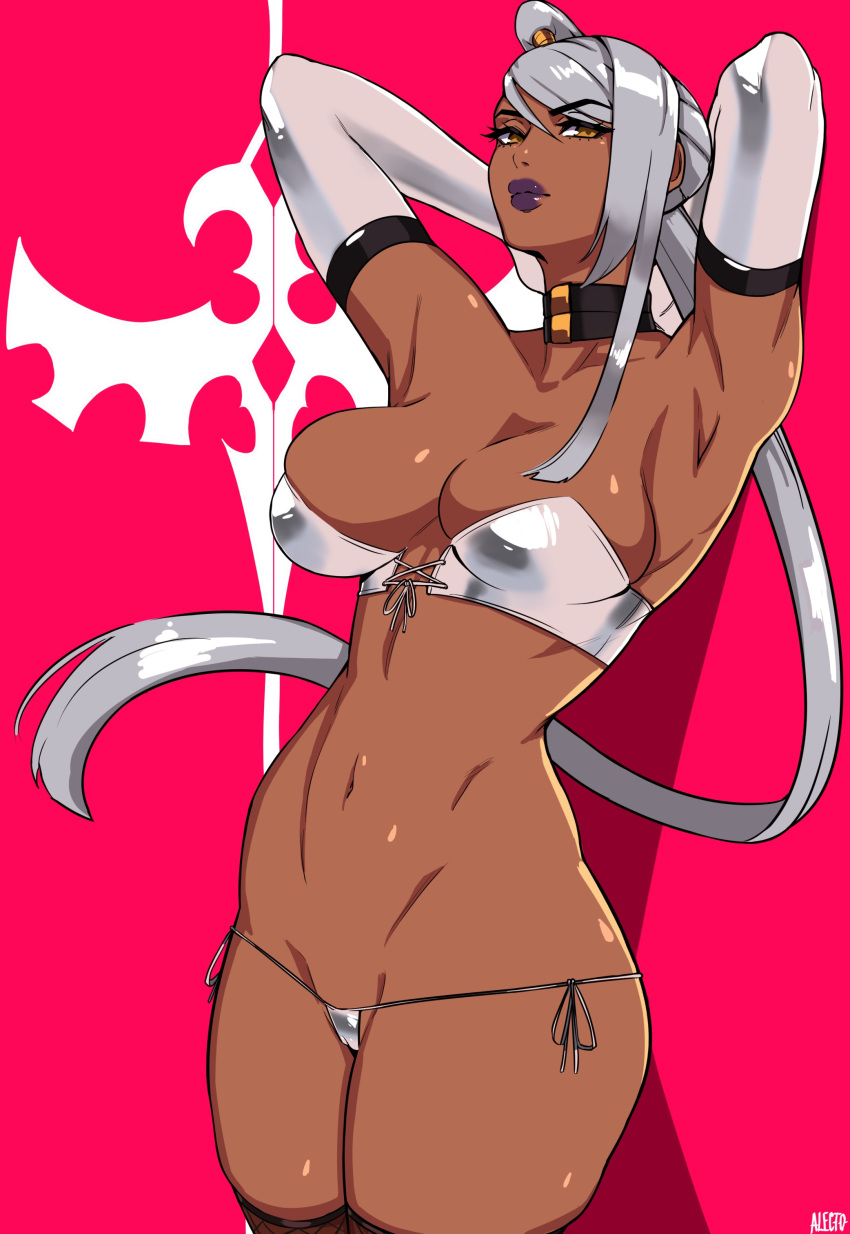 1girl absurdres alecto_0 arms_behind_head black_collar breasts code_geass collar cropped_legs dark_skin dark_skinned_female elbow_gloves gloves highres large_breasts lingerie long_hair magenta_background ponytail silver_bra silver_hair silver_panties solo symbol underwear villetta_nu white_gloves yellow_eyes