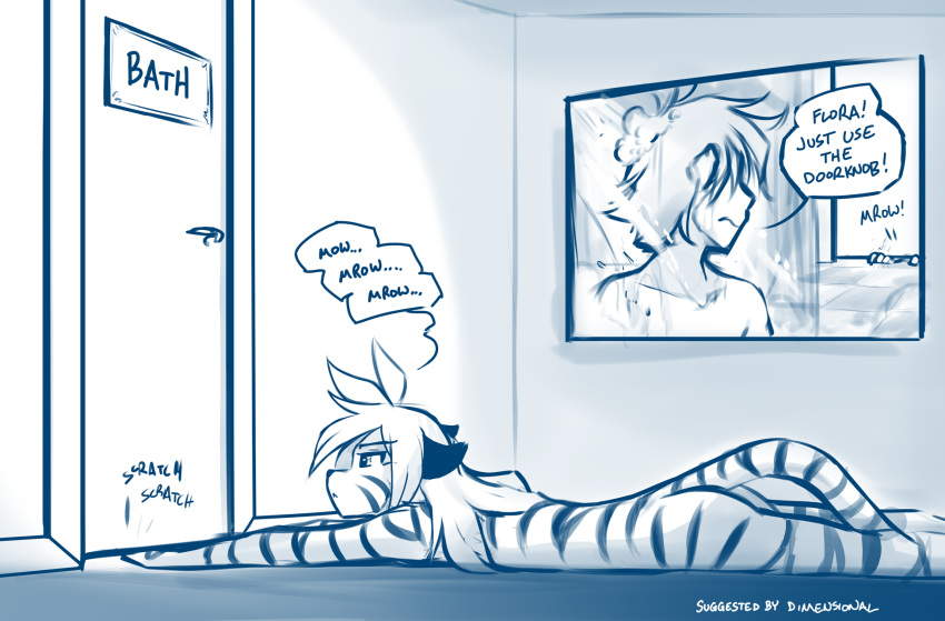 2021 anthro butt casual_nudity conditional_dnp dialogue door duo english_text felid female flora_(twokinds) fur hi_res human humor inside keidran lying male mammal meow monochrome nude on_front pantherine scratching sign sketch sound_effects striped_body striped_fur stripes text tiger tom_fischbach trace_legacy twokinds webcomic wet