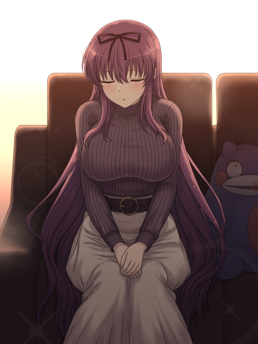 1girl absurdres backlighting belt belt_buckle black_ribbon blush breasts buckle closed_eyes hair_ribbon hands_on_lap hands_together highres large_breasts long_hair long_skirt long_sleeves murasaki_(senran_kagura) parted_lips perapera purple_hair ribbed_sweater ribbon senran_kagura sidelocks sitting skirt sleeping solo stuffed_toy sweater v_arms very_long_hair wavy_hair