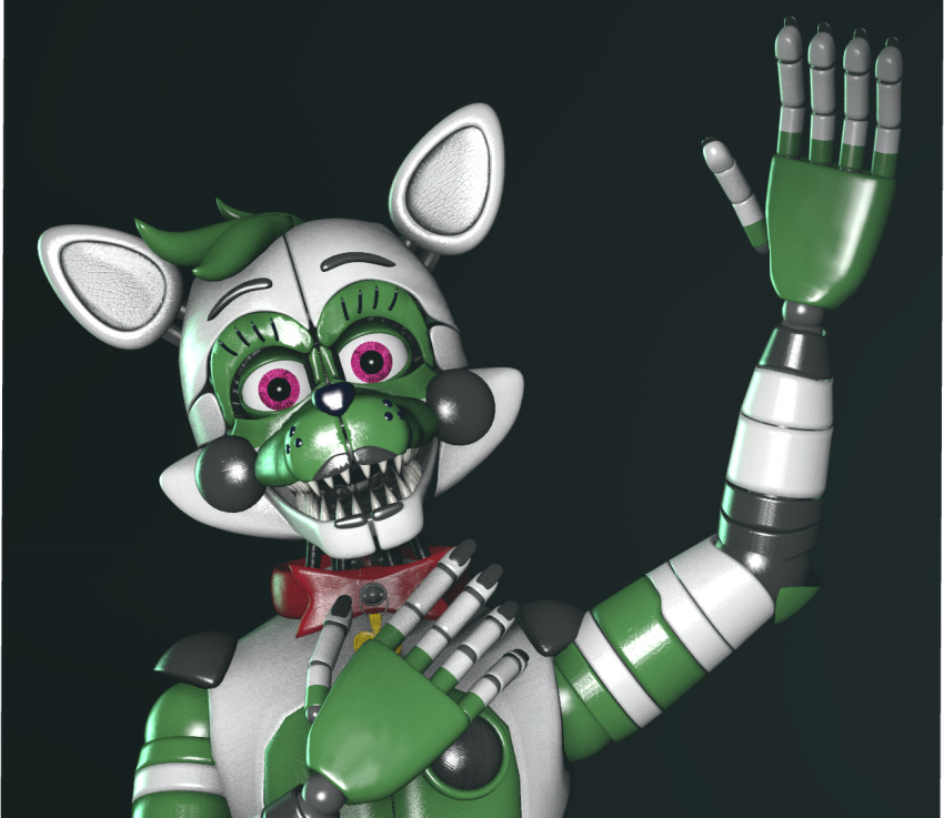 animatronic anthro bow_tie canid canine dinkydoo fan_character female five_nights_at_freddy's fox glistening glistening_body green_body green_hair hair locket machine mammal pink_eyes robot simple_background solo speaker video_games white_body