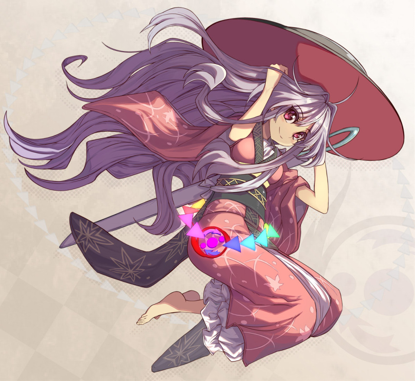 1girl alternate_hairstyle barefoot bowl bowl_hat breasts circle commentary_request full_body hands_on_own_head hands_up hat japanese_clothes kimono long_hair long_sleeves looking_at_viewer needle needle_sword obi purple_eyes purple_hair sash shope sleeves_pushed_up smile solo sukuna_shinmyoumaru touhou triangle very_long_hair wide_sleeves