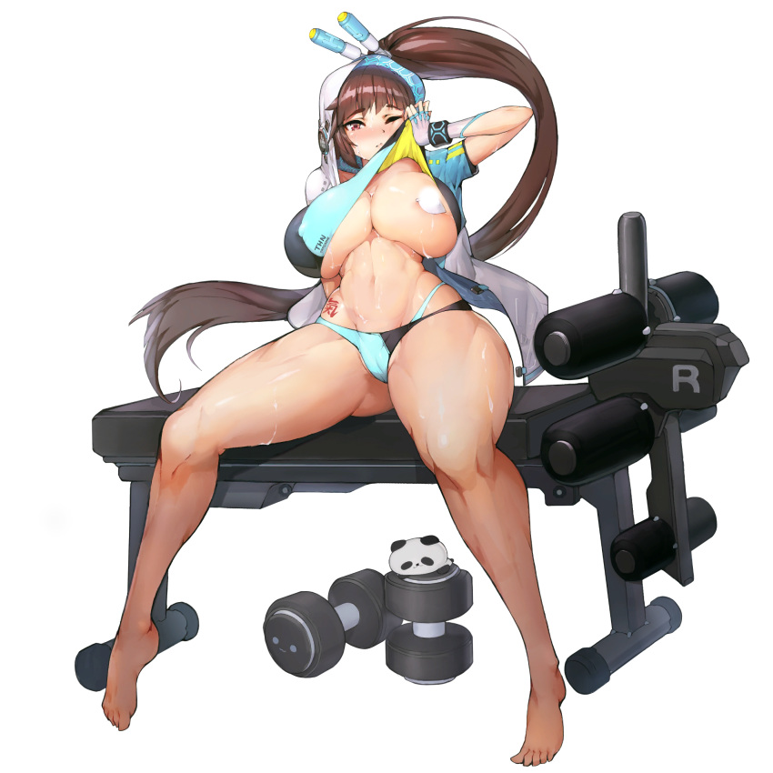 1girl areola_slip areolae bangs barbell blush breasts brown_eyes brown_hair censored cleavage covered_nipples fingerless_gloves gloves groin highres huge_breasts last_origin lifted_by_self long_hair looking_at_viewer navel official_art one_eye_closed ponytail shirt_lift side_ponytail sima_(startwitch) sitting solo sweat tiequan_(last_origin) toned very_long_hair