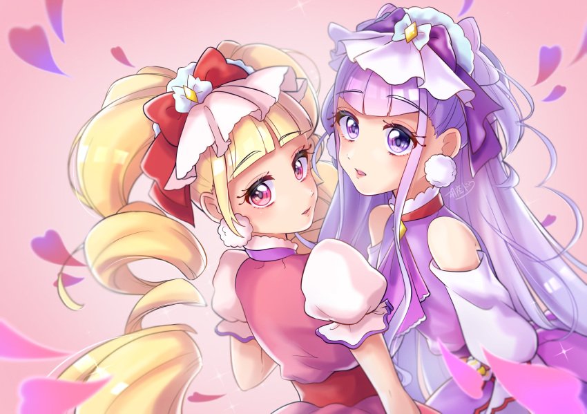 2girls agura_dou aisaki_emiru bangs blonde_hair blunt_bangs bow cravat cure_amour cure_macherie eyebrows_visible_through_hair hair_bow heart highres hugtto!_precure long_hair looking_at_viewer magical_girl multiple_girls pink_background pink_eyes precure purple_bow purple_eyes purple_hair purple_neckwear red_bow ruru_amour signature simple_background twintails upper_body