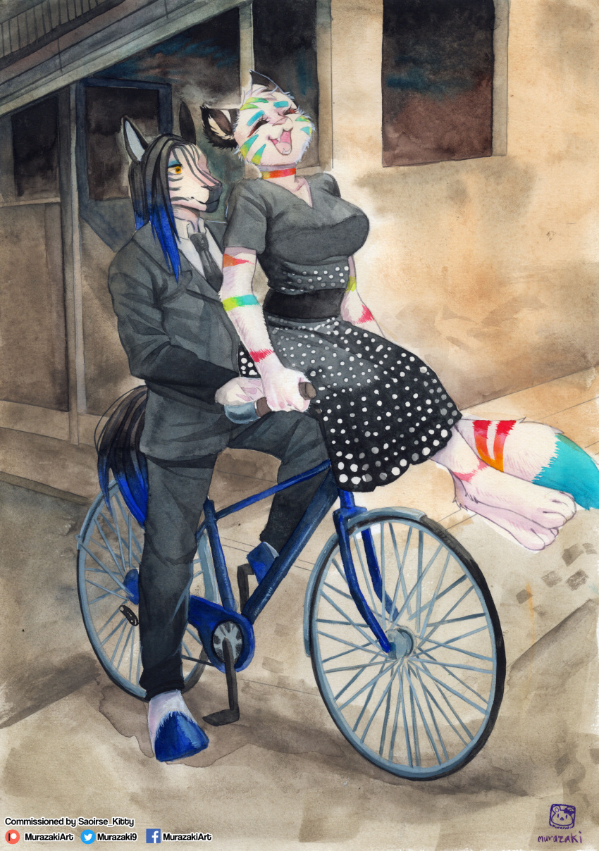 absurd_res anthro bicycle breasts clothed clothing domestic_cat dress duo equid equine felid feline felis female hi_res male mammal murazaki open_mouth open_smile smile suit zebra