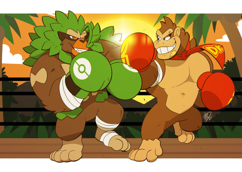 anthro boxing boxing_gloves brown_body brown_fur clothing donkey_kong_(character) donkey_kong_(series) duo fighting_ring fur green_hair grin hair handwear hi_res hikazedragon leaf leaf_hair male mammal nintendo outside plant plant_hair pok&eacute;mon pok&eacute;mon_(species) primate pseudo_hair rillaboom smile sport video_games