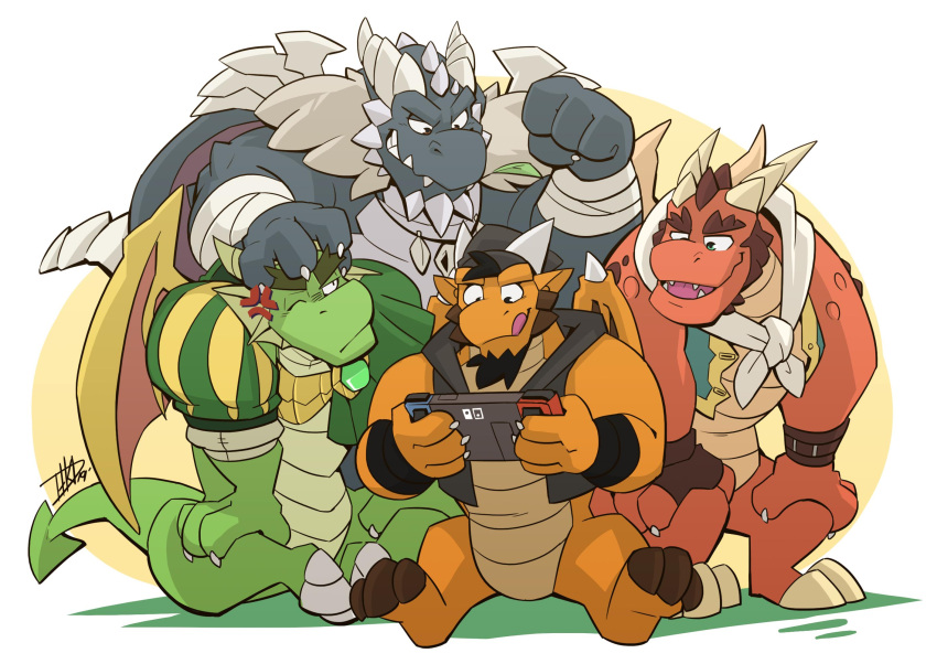 activision anthro blue_body bubba_(spyro) claws delbin_(spyro) dragon facial_hair green_body group hi_res hikazedragon horn male nestor_(spyro) nintendo nintendo_switch red_body scales scalie simple_background sitting spyro_reignited_trilogy spyro_the_dragon video_games wings