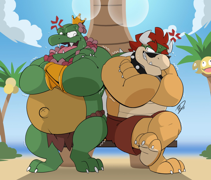 2019 3_toes absurd_res alolan_exeggutor anthro beach belly belly_scales biped bottomwear bowser claws clothing cloud collar crocodile crocodilian crocodylid cross-popping_vein crossed_arms crown dated day donkey_kong_(series) duo eyewear fangs feet green_body green_scales green_skin hair hi_res hikazedragon horn king_k._rool koopa kremling lei male mario_bros midriff multicolored_body multicolored_scales navel nintendo open_mouth outie_navel outside overweight overweight_anthro overweight_male plantigrade pok&eacute;mon pok&eacute;mon_(species) red_hair regional_form_(pok&eacute;mon) reptile sand scales scalie sea seaside sharp_teeth shell shorts signature sitting sky spiked_collar spiked_shell spikes spikes_(anatomy) standing sunglasses tan_body tan_scales teeth toe_claws toes tongue vein video_games water white_claws yellow_body yellow_scales