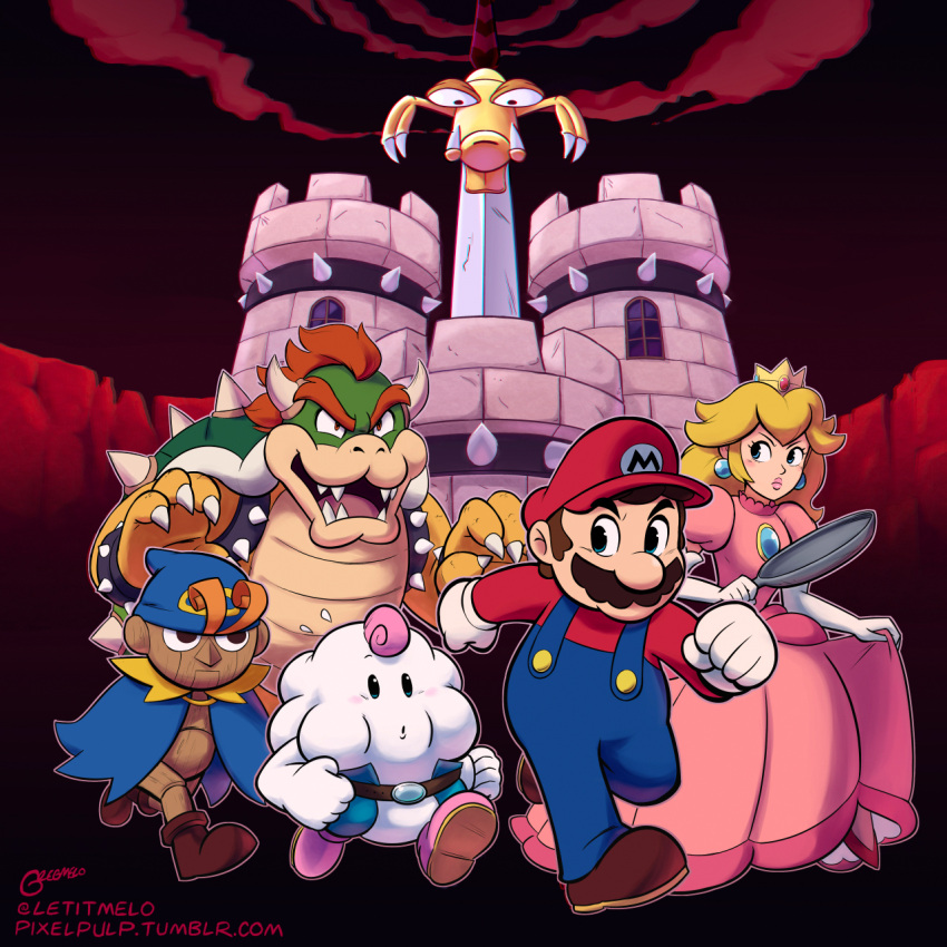 1girl blonde_hair blue_cape blue_eyes blue_overalls bowser brown_footwear cape castle crown doll dress exor facial_hair flying_sweatdrops frying_pan full_body geno_(mario) highres holding holding_frying_pan lips mallow_(mario) mario mustache outdoors pink_dress pink_footwear pixelpulp princess_peach red_shirt running shirt super_mario_rpg sword tumblr_username twitter_username weapon