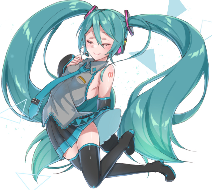 1girl aqua_eyes aqua_hair aqua_neckwear arched_back arm_behind_back bare_shoulders black_legwear black_skirt black_sleeves boots breasts closed_eyes commentary detached_sleeves floating full_body grey_shirt hair_ornament hand_on_own_chest hatsune_miku headphones headset high_heels highres legs_up long_hair miniskirt necktie pleated_skirt shirt shoulder_tattoo skirt sleeveless sleeveless_shirt small_breasts smile supo01 tattoo thigh_boots thighhighs triangle twintails very_long_hair vocaloid white_background zettai_ryouiki