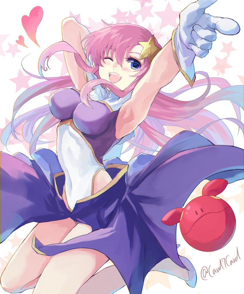 1girl ;d armpits arms_up bangs blue_eyes blue_hair breasts breasts_apart covered_navel floating_hair gloves gradient_hair gundam gundam_seed gundam_seed_destiny hair_between_eyes hair_ornament haro heart high_heels highleg highleg_leotard highres index_finger_raised leotard long_hair medium_breasts meer_campbell multicolored_hair one_eye_closed open_mouth outstretched_arm pink_hair shiny shiny_hair smile solo star_(symbol) star_hair_ornament twitter_username very_long_hair white_background white_footwear white_gloves white_leotard yuuka_seisen