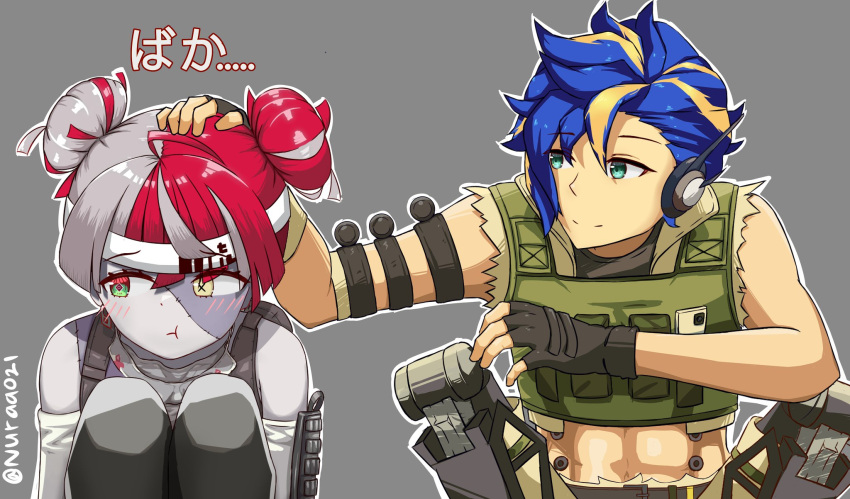 1boy 1girl abs apex_legends astel_leda black_gloves blonde_hair blue_hair blush colored_skin cosplay cropped_vest crossover double_bun fingerless_gloves gloves grey_hair grey_skin greyscale headband heterochromia highres hololive hololive_indonesia holostars iffyru kureiji_ollie lifeline_(apex_legends) lifeline_(apex_legends)_(cosplay) mechanical_legs monochrome multicolored_hair octane_(apex_legends) octane_(apex_legends)_(cosplay) open_hand petting red_eyes red_hair squatting stitched_face stitches streaked_hair symbol-shaped_pupils twitter_username two-tone_hair vest white_headband yellow_eyes zombie