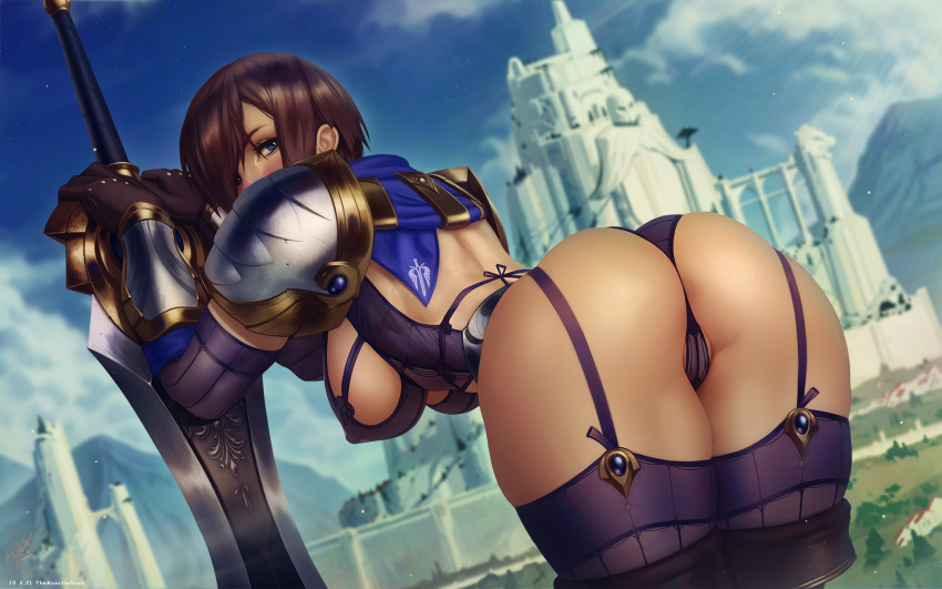 1girl armor artist_name ass black_gloves blue_eyes boots bra breastplate breasts brown_hair castle commentary covered_nipples dated garen_crownguard garter_straps gloves highres large_breasts league_of_legends leaning_forward looking_back panties purple_bra purple_legwear purple_panties shoulder_armor signature solo sword themaestronoob thick_thighs thigh_boots thighhighs thighs underwear weapon