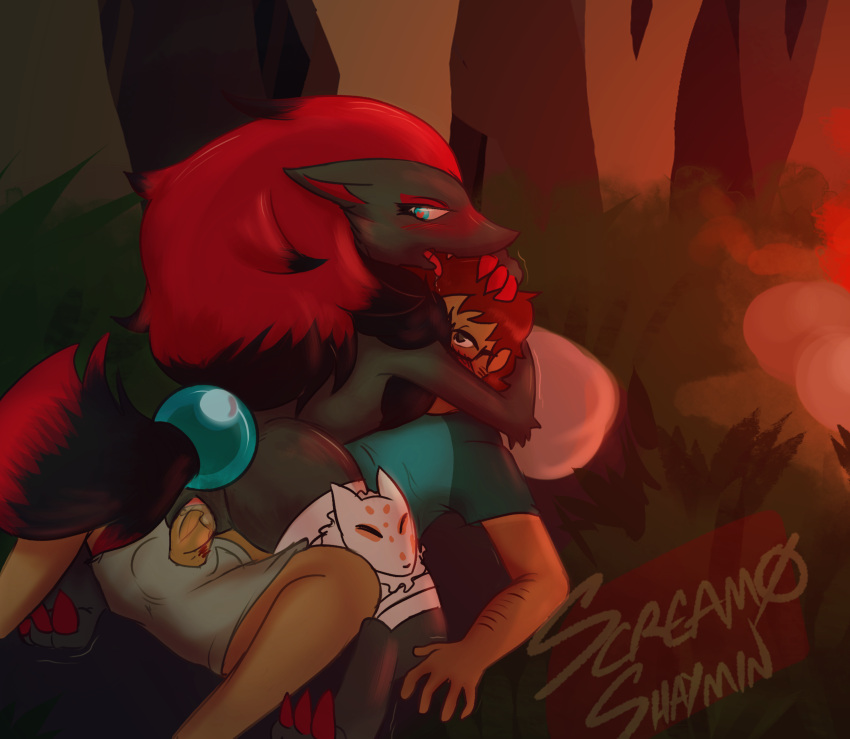 absurd_res blake_rothenberg campfire cowgirl_(disambiguation) digital_media_(artwork) fan_character female hi_res human interspecies male male/female mammal nintendo pok&eacute;mon pok&eacute;mon_(species) pok&eacute;philia screamoshaymin video_games zoroark