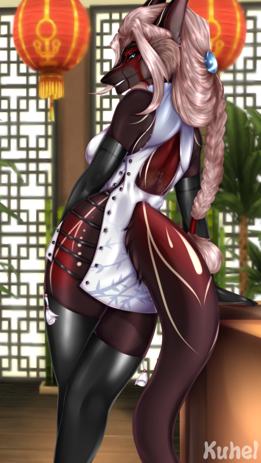 absurd_res anthro armwear blue_eyes boots clothed clothing dress elbow_gloves female footwear gloves handwear hi_res kuhel legwear looking_back marker_(artwork) melisandre_(combatguardian) posed sergal solo thigh_boots thigh_highs traditional_media_(artwork)